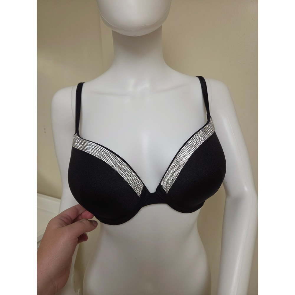 Victorias Secret Swim Black Rhinestone Crystal Push Up Bikini Top 34DD NEW